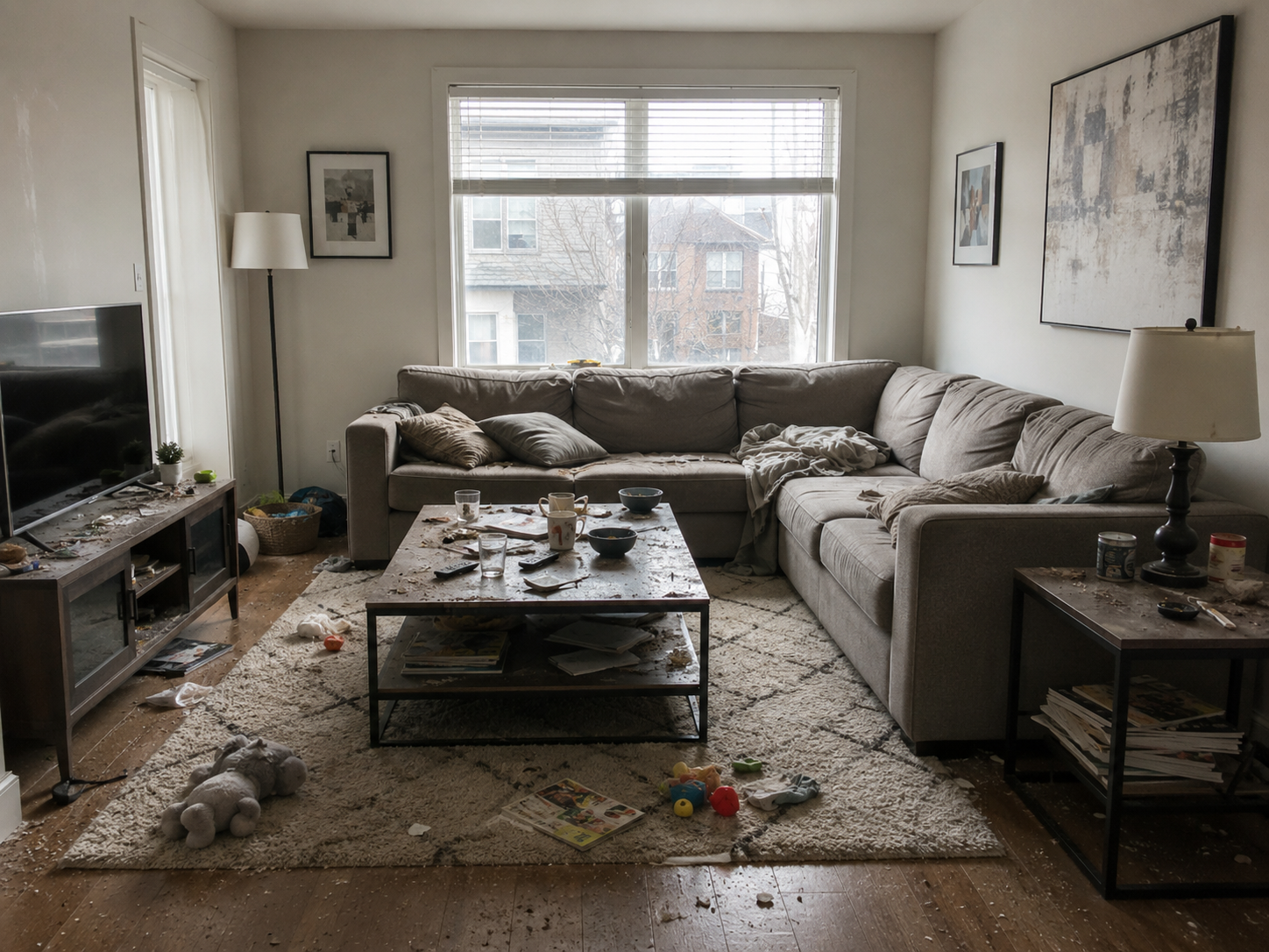 Messy living room before cleaning